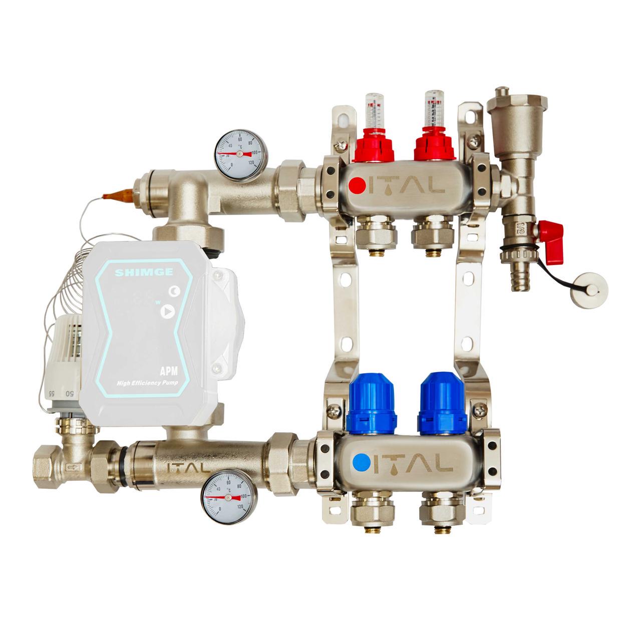 Комплект коллектора с расходомерами ITAL UHW-B02 из нержавеющей стали с угловым подключением Комплект коллектора с расходомерами ITAL UHW-B02 из нержавеющей стали с угловым подключением