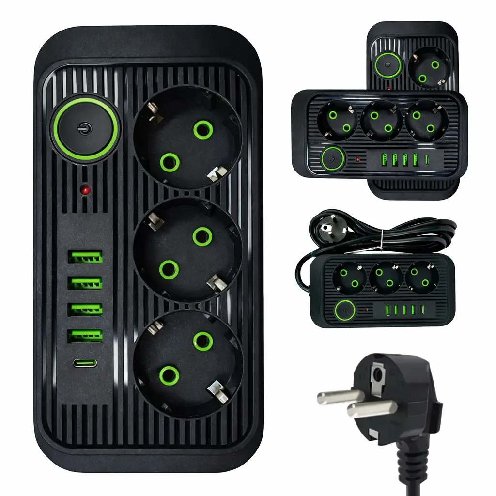 Удлинитель 3 розетками 4 USB 1 Type-C тройник с предохранителем 2500 Вт 3 м Черный TC (1074/4)