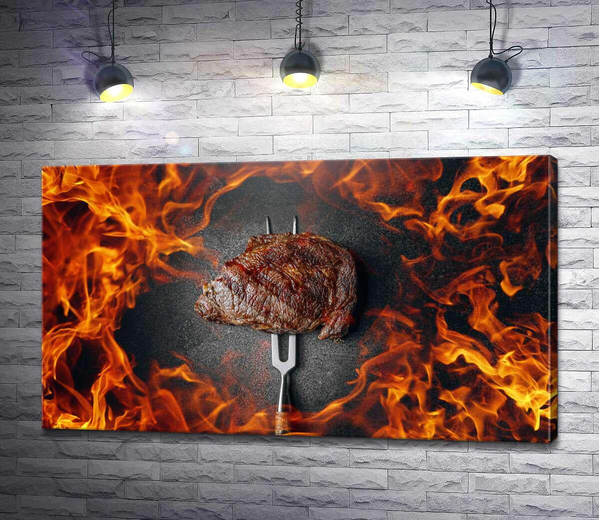 Картина ArtPoster Стейк из мраморной говядины в кольце огня 100x58 см Модуль №1 (003920)