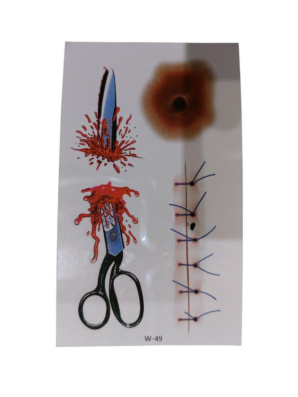 Наклейки тату для Хэллоуина ножницы и раны 10x6 см Разноцветный (900021)