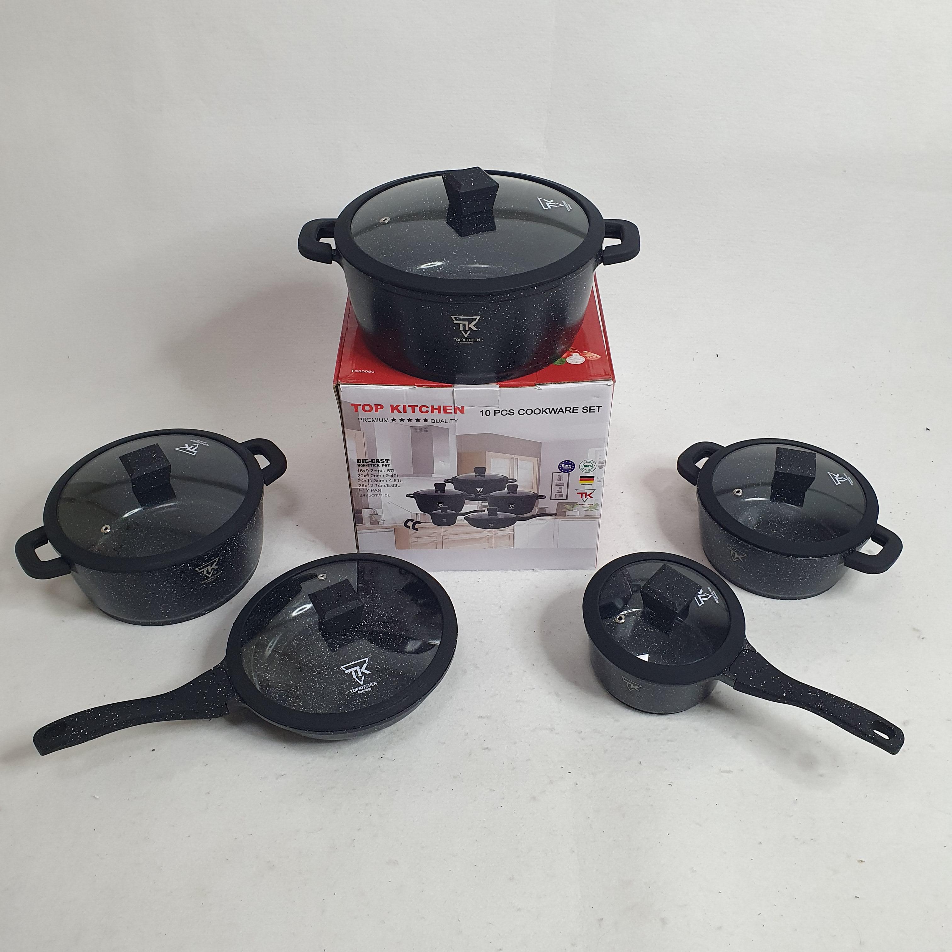Набор кухонной посуды Top Kitchen из 10 предметов с гранитным покрытием со сковородой со стеклянными крышками Черный (ТК00050-Black)