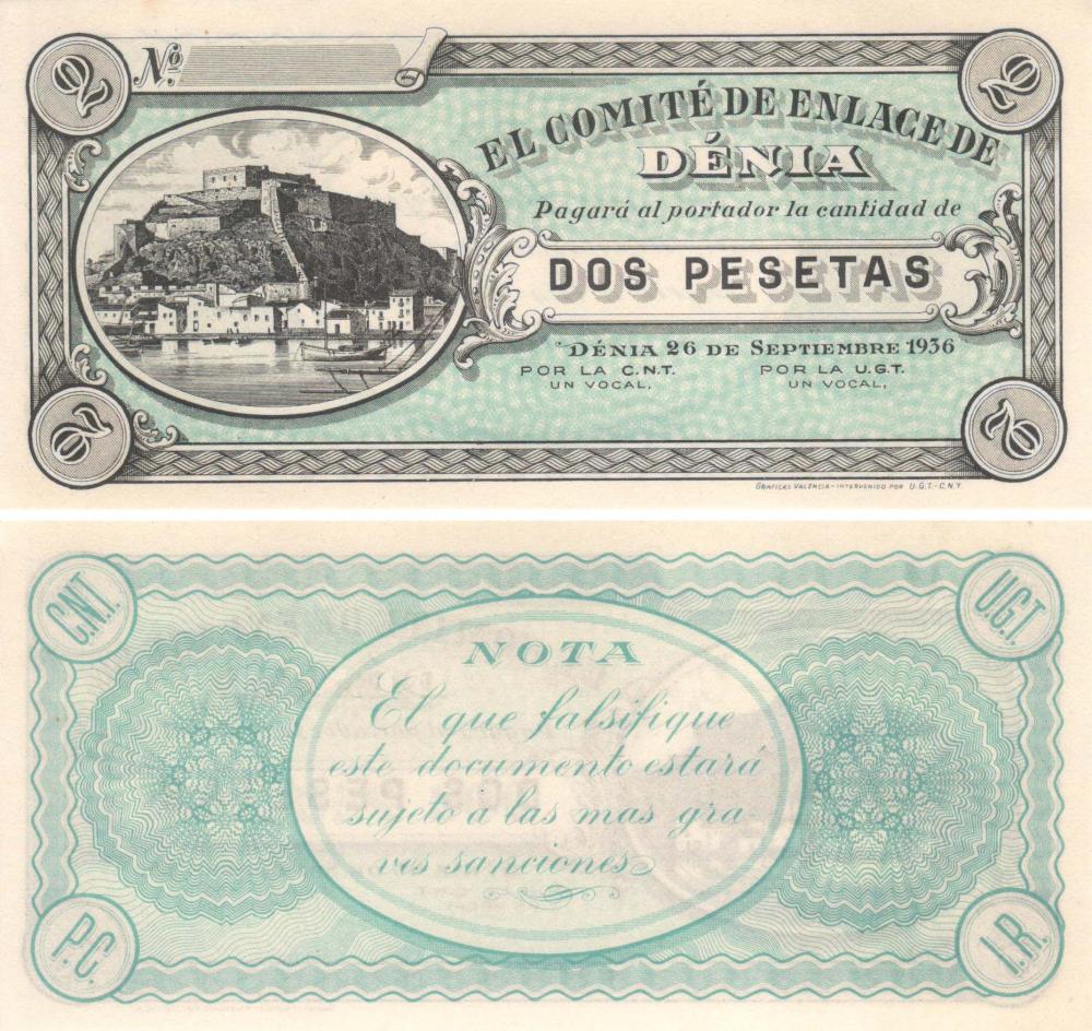 Коллекционная банкнота Испания 2 песеты 1936 Дения UNC (Б09063)