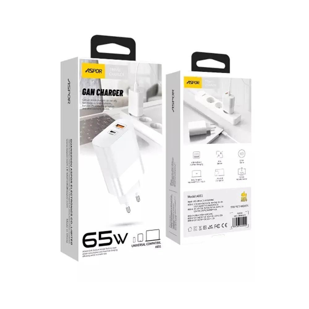 Зарядное устройство сетевое Aspor A851 Universal Travel Charge USB/USB-C 3A 65W Белый (1858272825) - фото 2 Зарядное устройство сетевое Aspor A851 Universal Travel Charge USB/USB-C 3A 65W Белый (1858272825) - фото 2