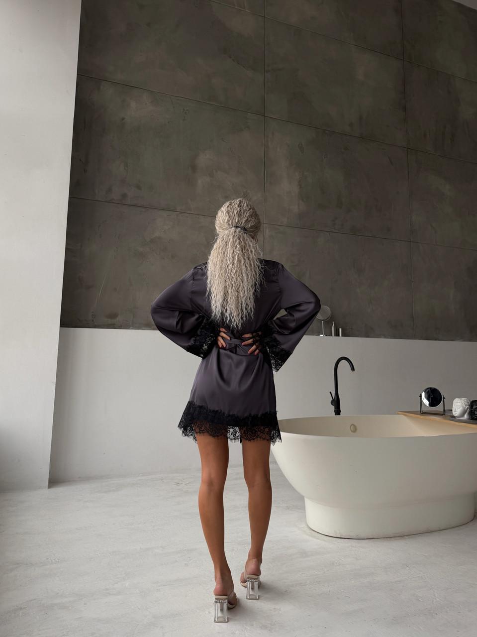 Халат женский шелковый с кружевом Графит (2533884044) - фото 6 Халат женский шелковый с кружевом Графит (2533884044) - фото 6