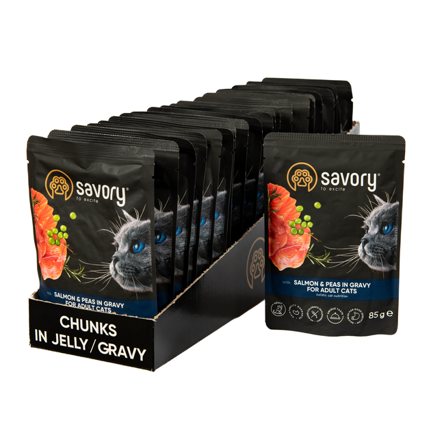 Вологий корм Savory для дорослих кішок лосось з горошком у соусі пауч 85x22 шт. (2298471057)