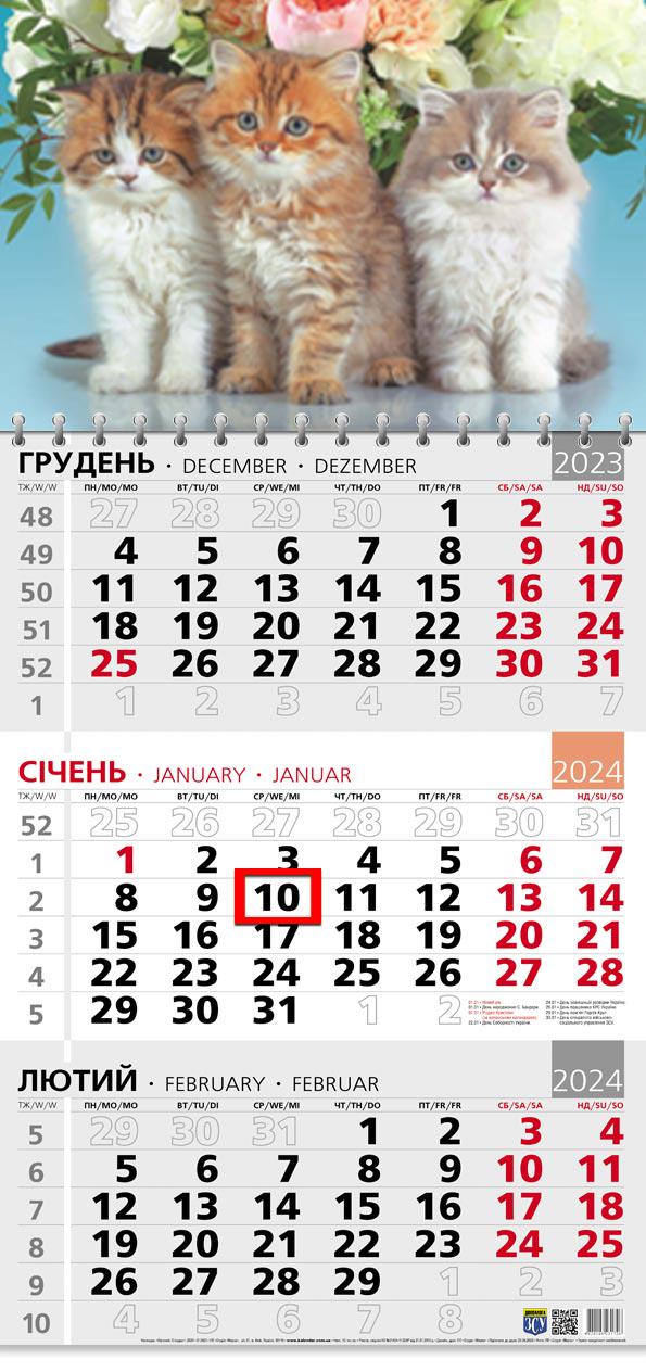 Календар на 2024 рік Офісний 3 Тріо котиків та ароматні квіти (ОФІС3-15 2024)