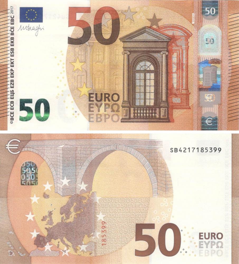 Коллекционная банкнота Ирландия Италия 50 ЕВРО 2017 SB S008 Драги UNC (Б09379)