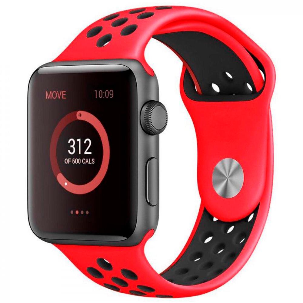 Ремінець силіконовий з перфорацією для Apple Watch 38/40/41 mm Series SE/7/6/5/4/3/2/1 Червоно-чорний - фото 1