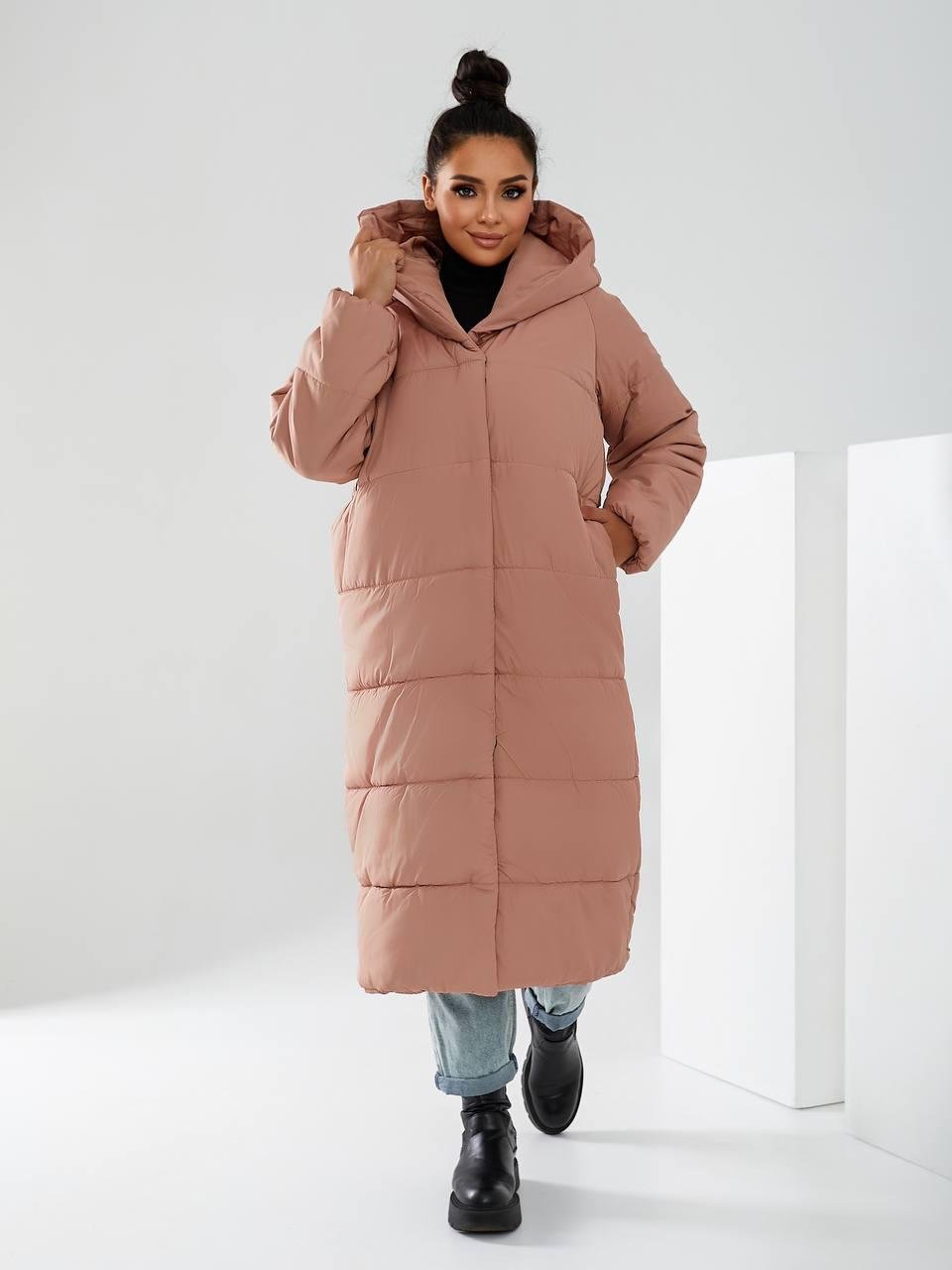 Пальто-пуховик довге на кнопках Аiza А521 р. 42-44 Персиковий/Бежевий - фото 3 Пальто-пуховик довге на кнопках Аiza А521 р. 42-44 Персиковий/Бежевий - фото 3