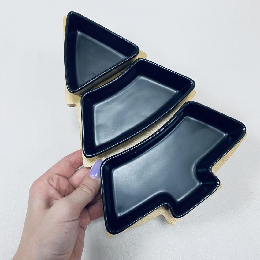 Менажниця керамічна Olens 8030-389 Чорна ялинка на бамбуковій підставці 3-х секційна (2387257922) - фото 3 Менажниця керамічна Olens 8030-389 Чорна ялинка на бамбуковій підставці 3-х секційна (2387257922) - фото 3