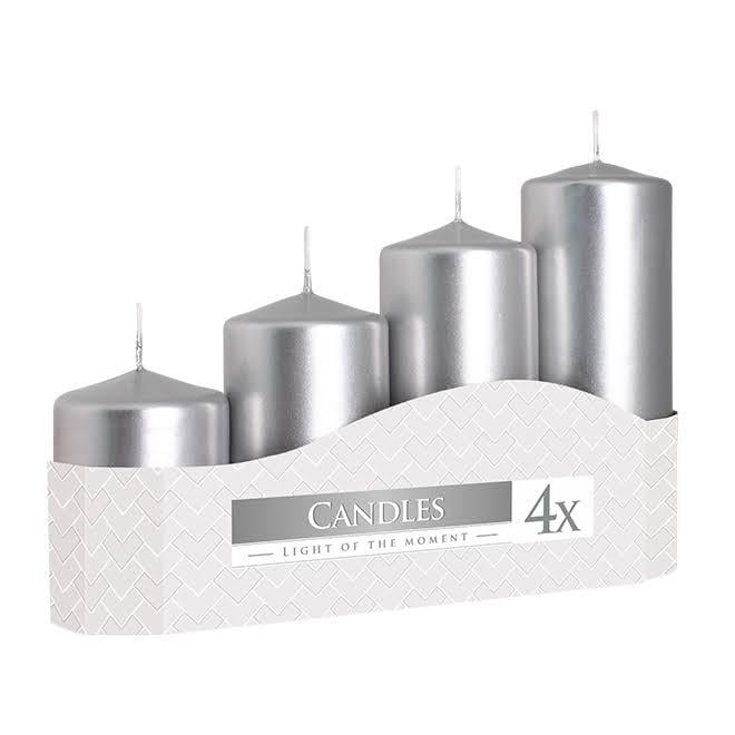 Комплект серебристых свечек Bispol Цилиндр 5х7,9,11,13 см. (4 шт.) 27380