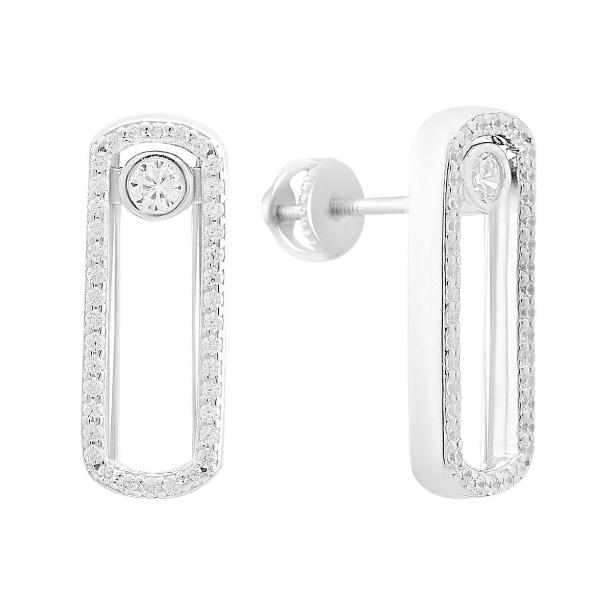 Серьги серебряные LoveR прямоугольной формы с фианитами и винтовой застежкой