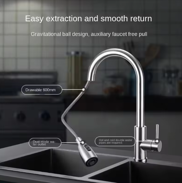 Смеситель для кухни с выдвижным изливом 2 режима лейки Серебристый (КСК056) - фото 6