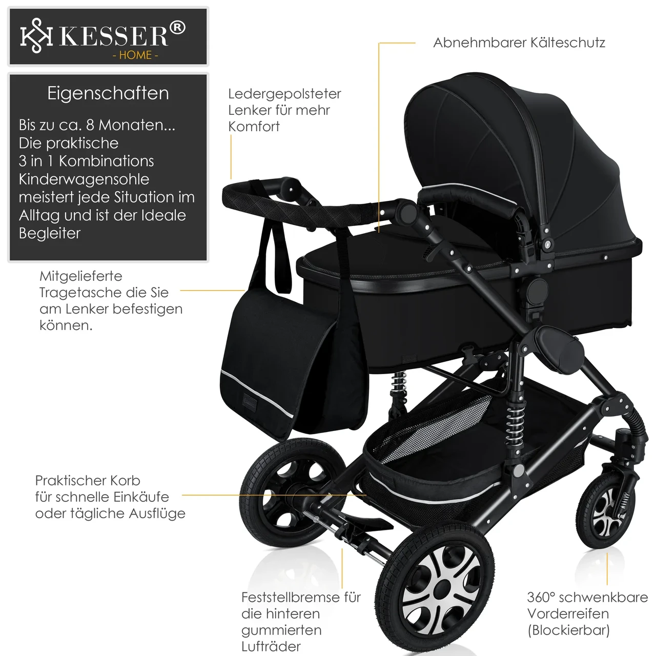 Коляска детская с автокреслом KESSER 3в1 94x64x119 см Черный - фото 2