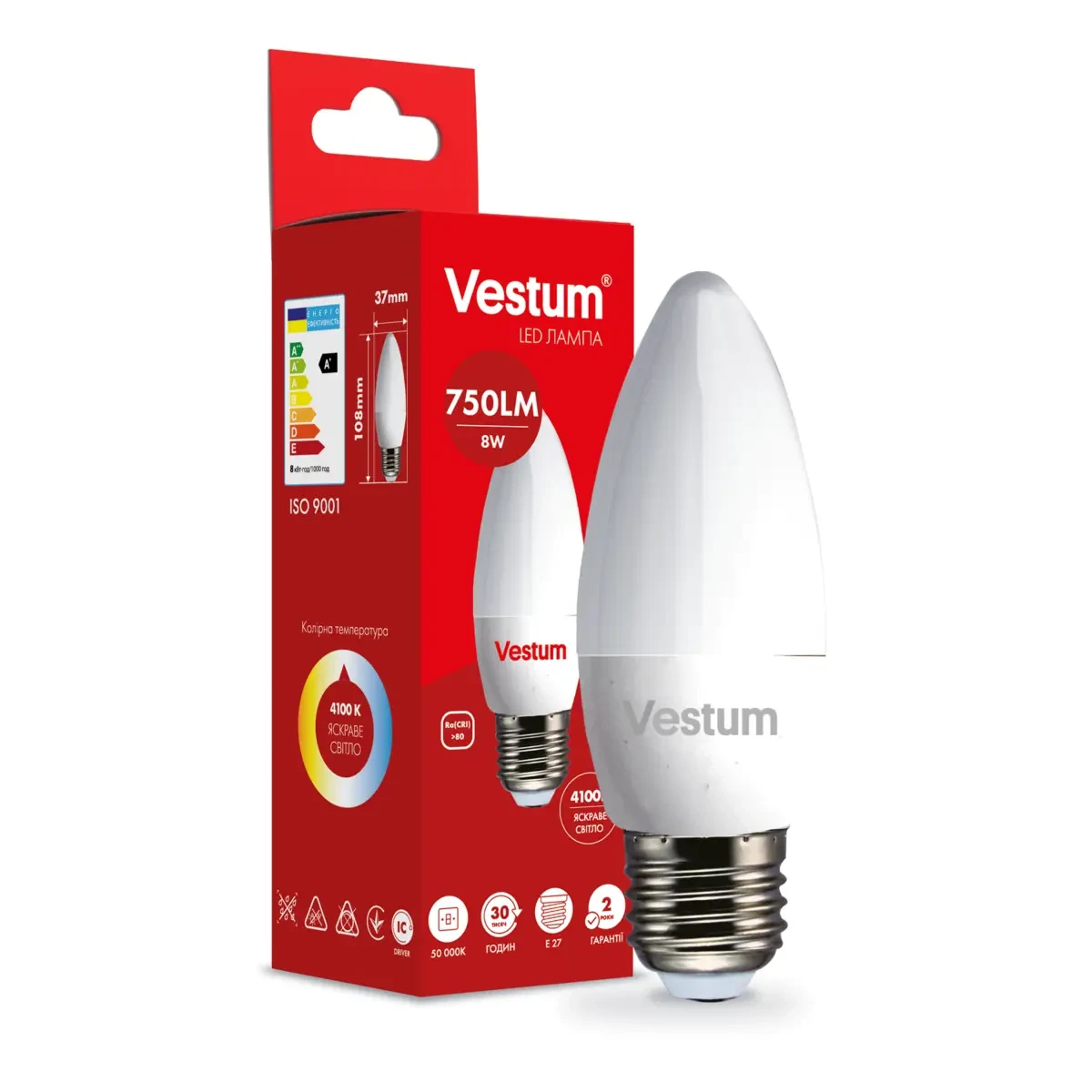 Светодиодная лампа Vestum C37 8W 4100K 220V E27 1-VS-1309 (3100550655)