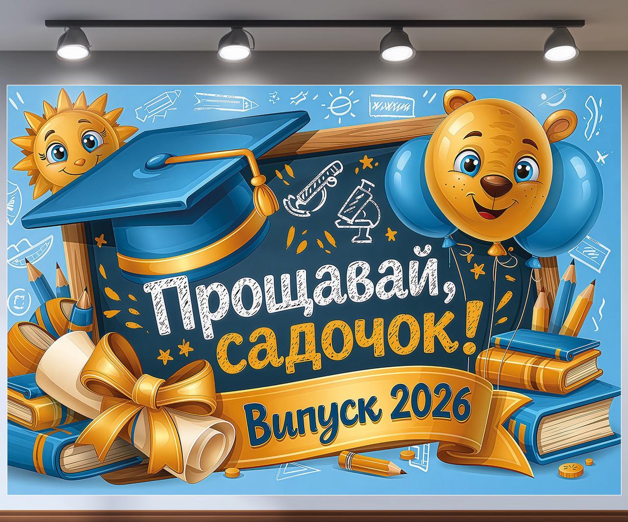 Баннер для фотозоны "Випуск 2026 Прощавай садочок" синий фон мишка и диплом 240x160 см