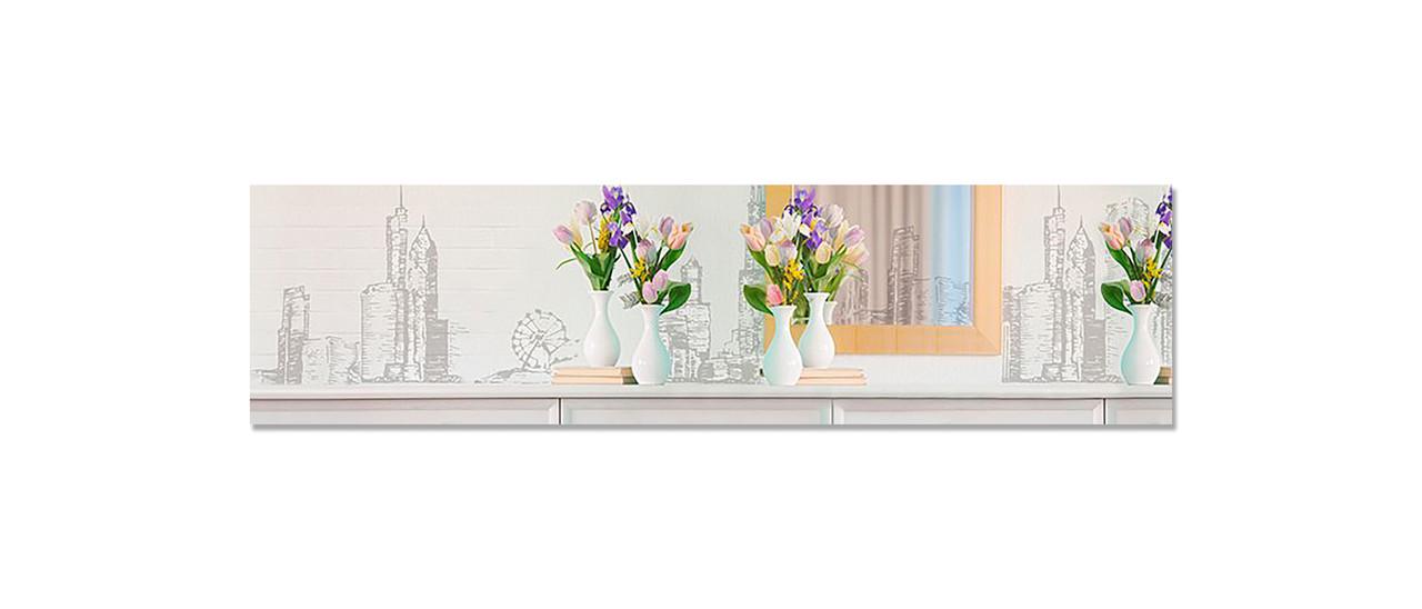 Фартук кухонный Тюльпаны в вазах нарисованный город из самоклеющейся виниловой пленки 65х250 см Серый