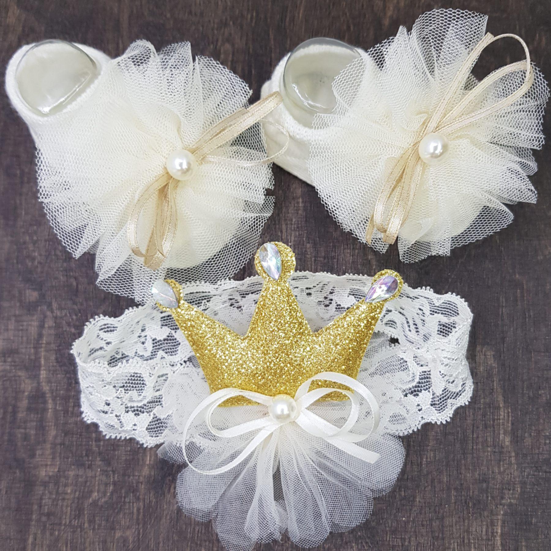 Комплект для новорожденных Носки и повязка на голову Молочный/Золотой (2470616753)