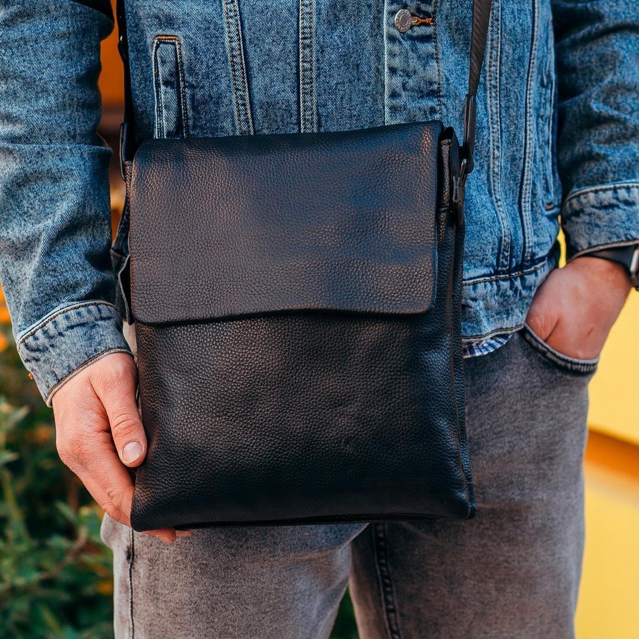 Мужская сумка-мессенджер Tiding Bag на два отделения из натуральной кожи Черный (925-3278)