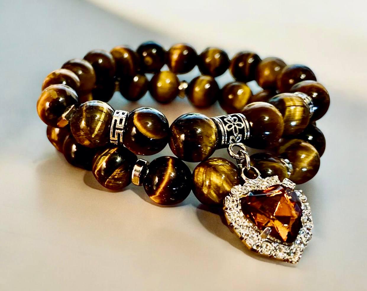 Браслеты LITAURS из натуральных камней тигровый глаз d 10 мм дополнен металлическими вставками L 18-21 см 2 шт. (260307-1)