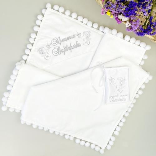 Крыжма для девочки с котомкой Family Tradition Ангелы Крещение с вышивкой махровая 100х100 см Белый (50252)