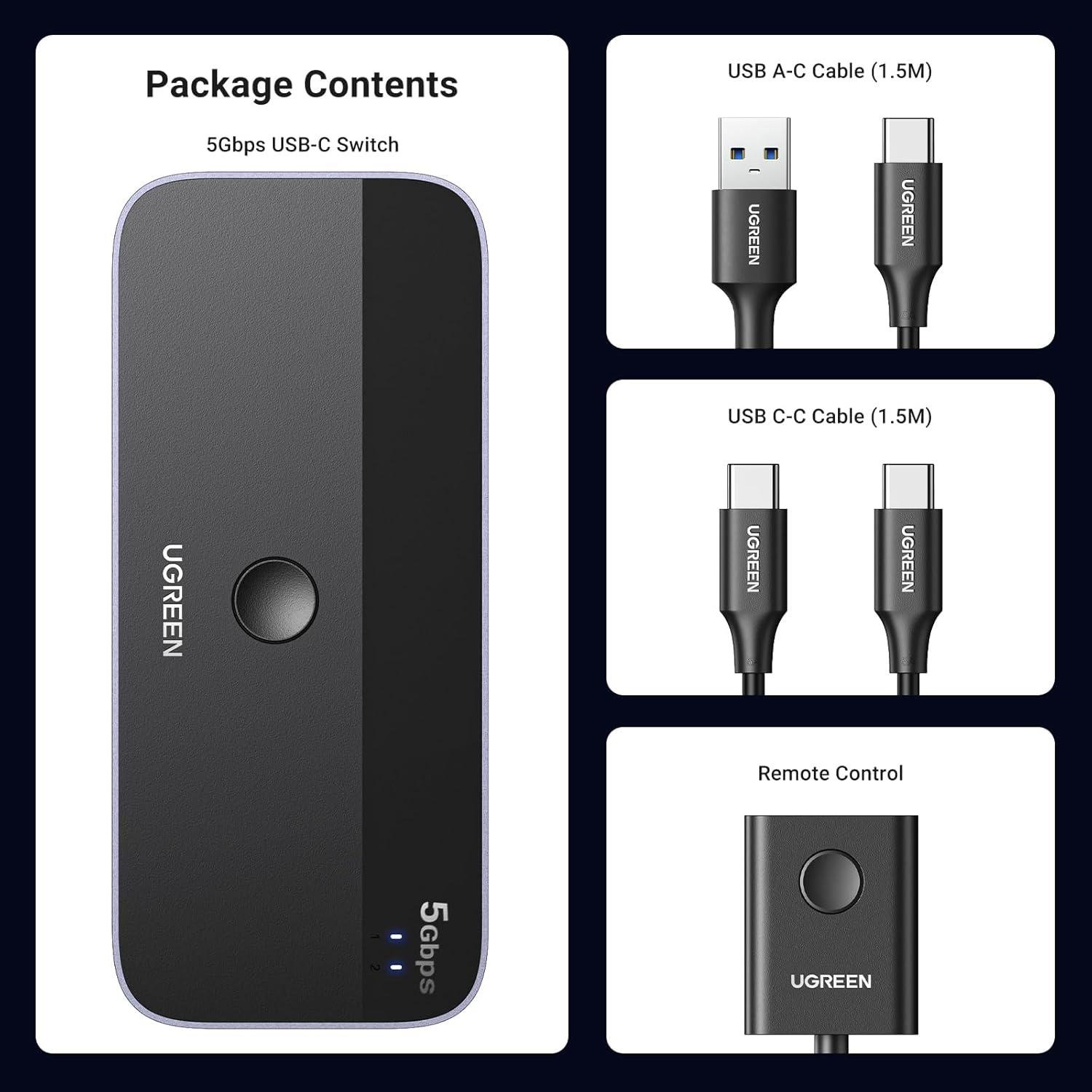 Коммутатор UGREEN CM687 USB-A/USB-C с 2 кабелями передачи данных USB-C и пультом дистанционного управления Black (25098) - фото 4 Коммутатор UGREEN CM687 USB-A/USB-C с 2 кабелями передачи данных USB-C и пультом дистанционного управления Black (25098) - фото 4