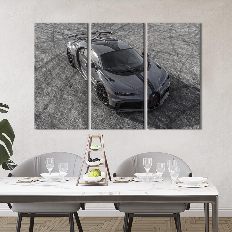 Картина на холсте триптих Серый Bugatti Chiron Pur Sport вид сверху 128x81 см (1297-31)