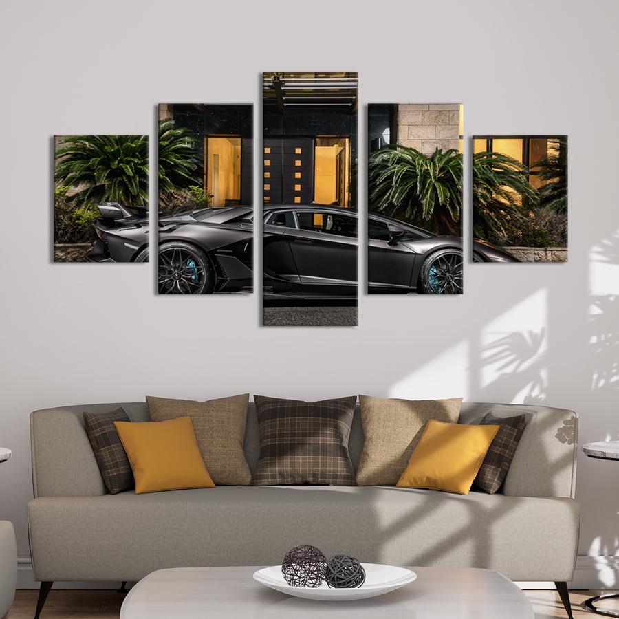 Картина на холсте Шикарная чёрная Lamborghini Aventador SVJ Roadster 112x54 см (1334-52)