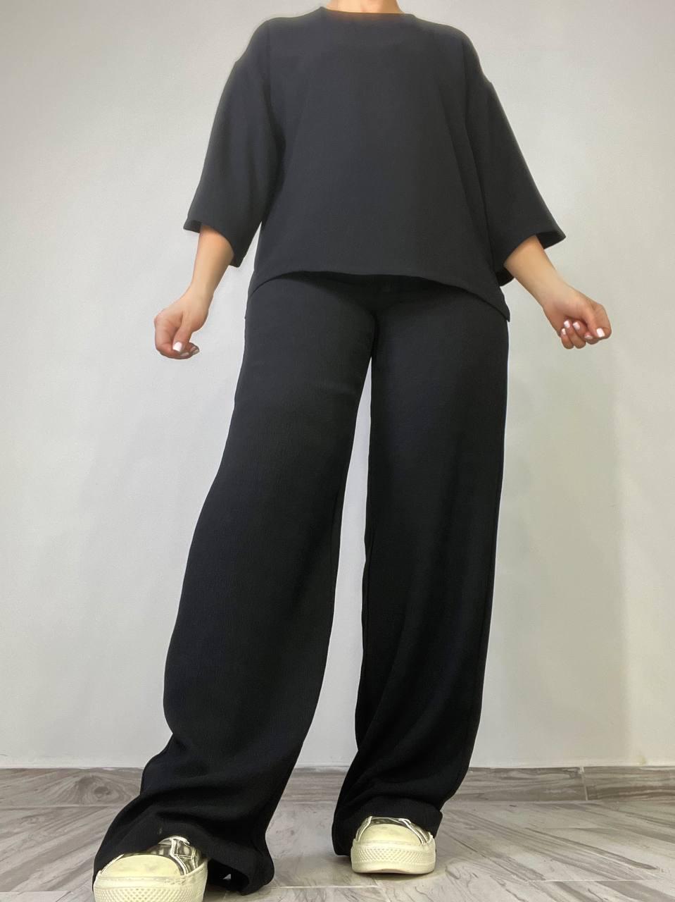 Костюм женский CLEW 1005-0712 жатка рубашка короткий рукав и брюки палаццо M Черный (2003) - фото 4