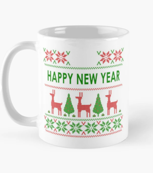 Чашка керамічна з принтом Happy New Year Олені Ялинки 330 мл Білий