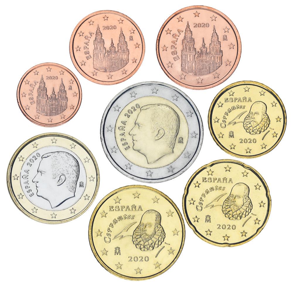 Коллекционные монеты Испания набор из 8 монет евро 2020 UNC 1/2/5/10/20/50 евроцентов/1/2 евро (М24334)