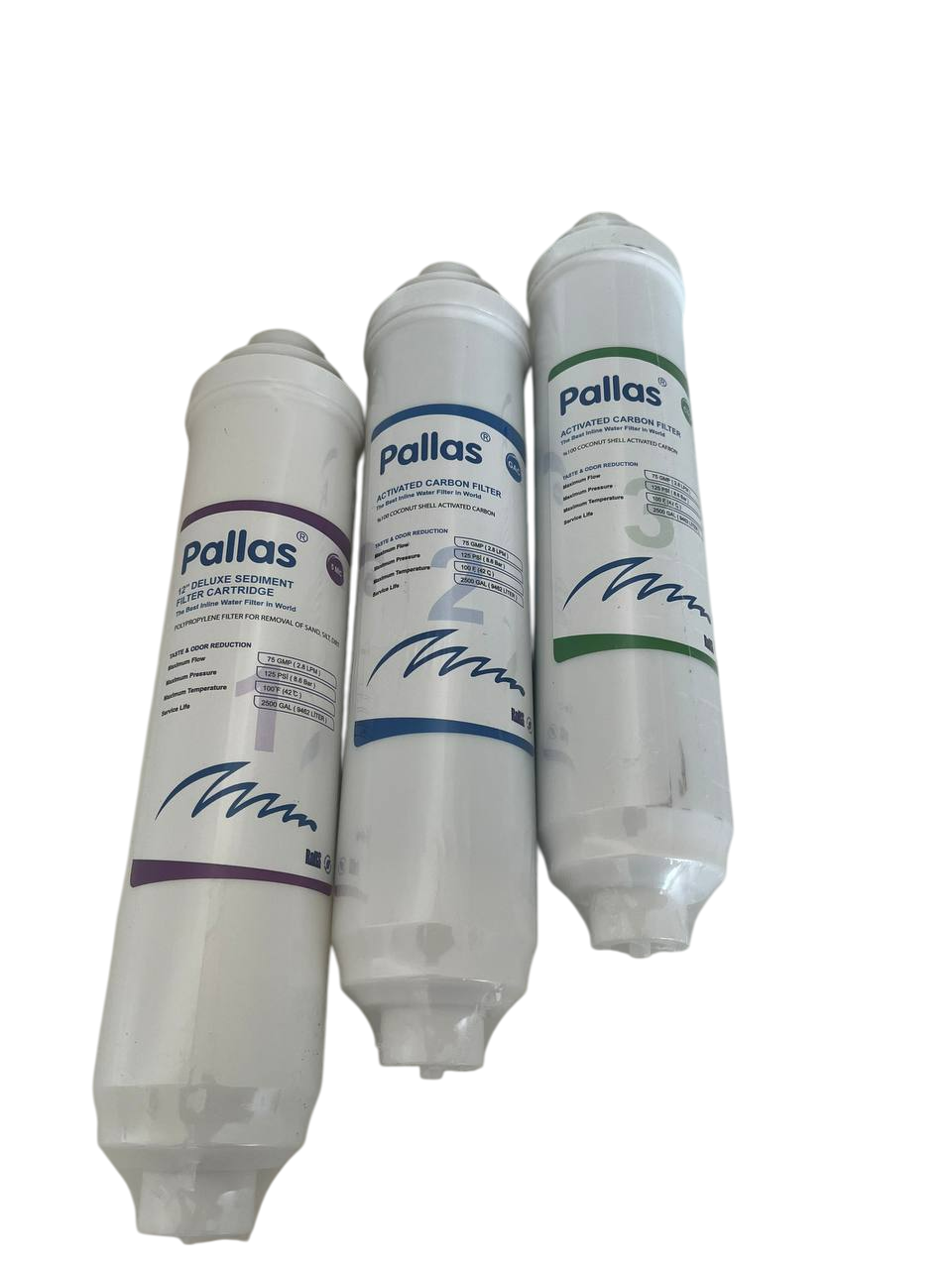 Комплект картриджи линейные проточные 1-2-3 Pallas для систем обратный осмос и проточных фильтров на быстросъемных соединениях