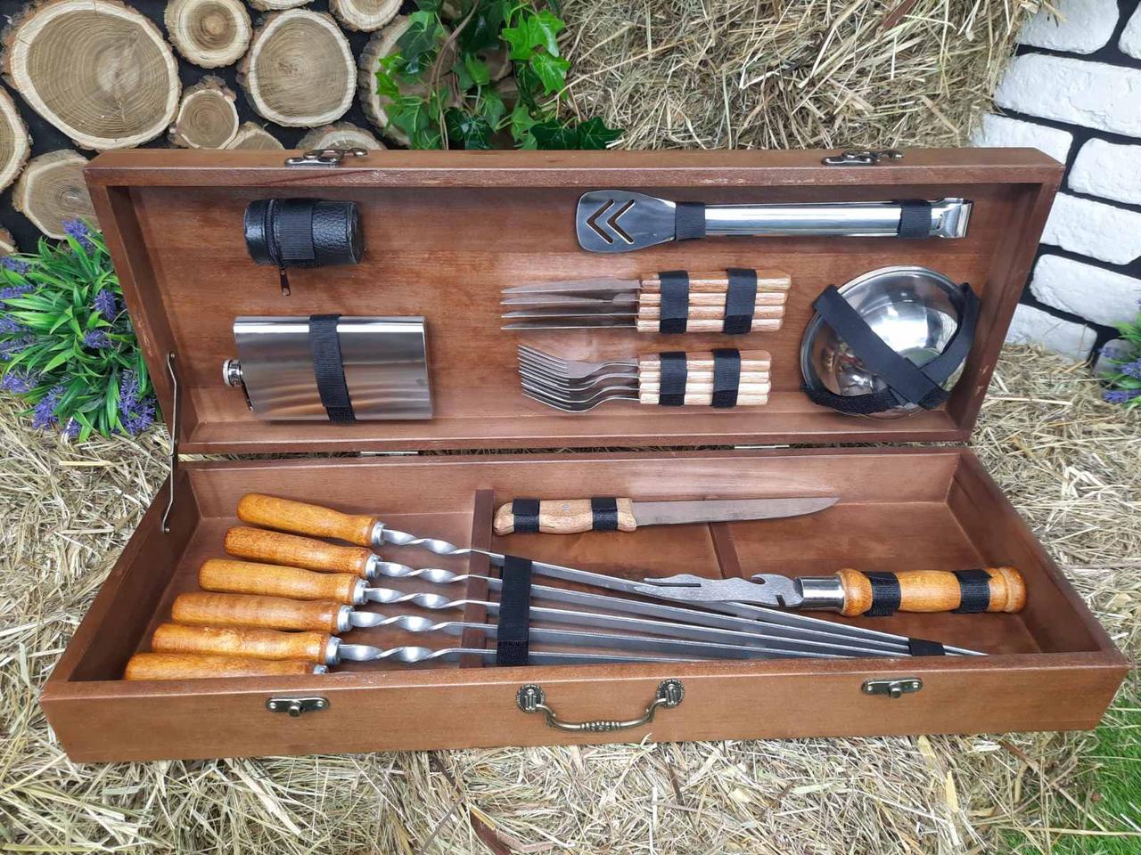 Набор шампуров с набором аксессуаров в деревянном кейсе 650х23х10 мм 6 шт. (12334954)