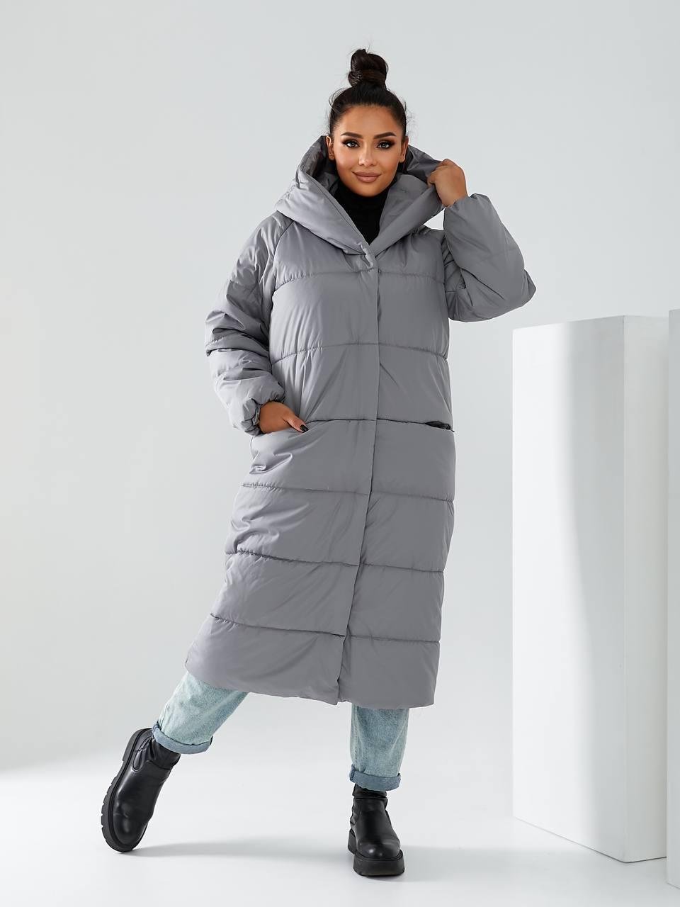 Пальто-пуховик длинное на кнопках Аiza А521 р. 54-56 Серый - фото 5 Пальто-пуховик длинное на кнопках Аiza А521 р. 54-56 Серый - фото 5