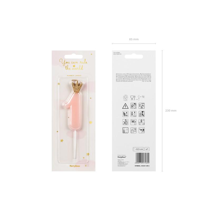 Свеча для торта Partydeco 1 с короной 9,5 см Розовый (5900779171695) - фото 2