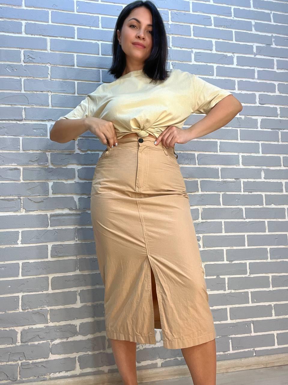 Спідниця жіноча MIX RAY 4261 коттонова французька довжина з розрізом попереду L Капучино (2239) - фото 4