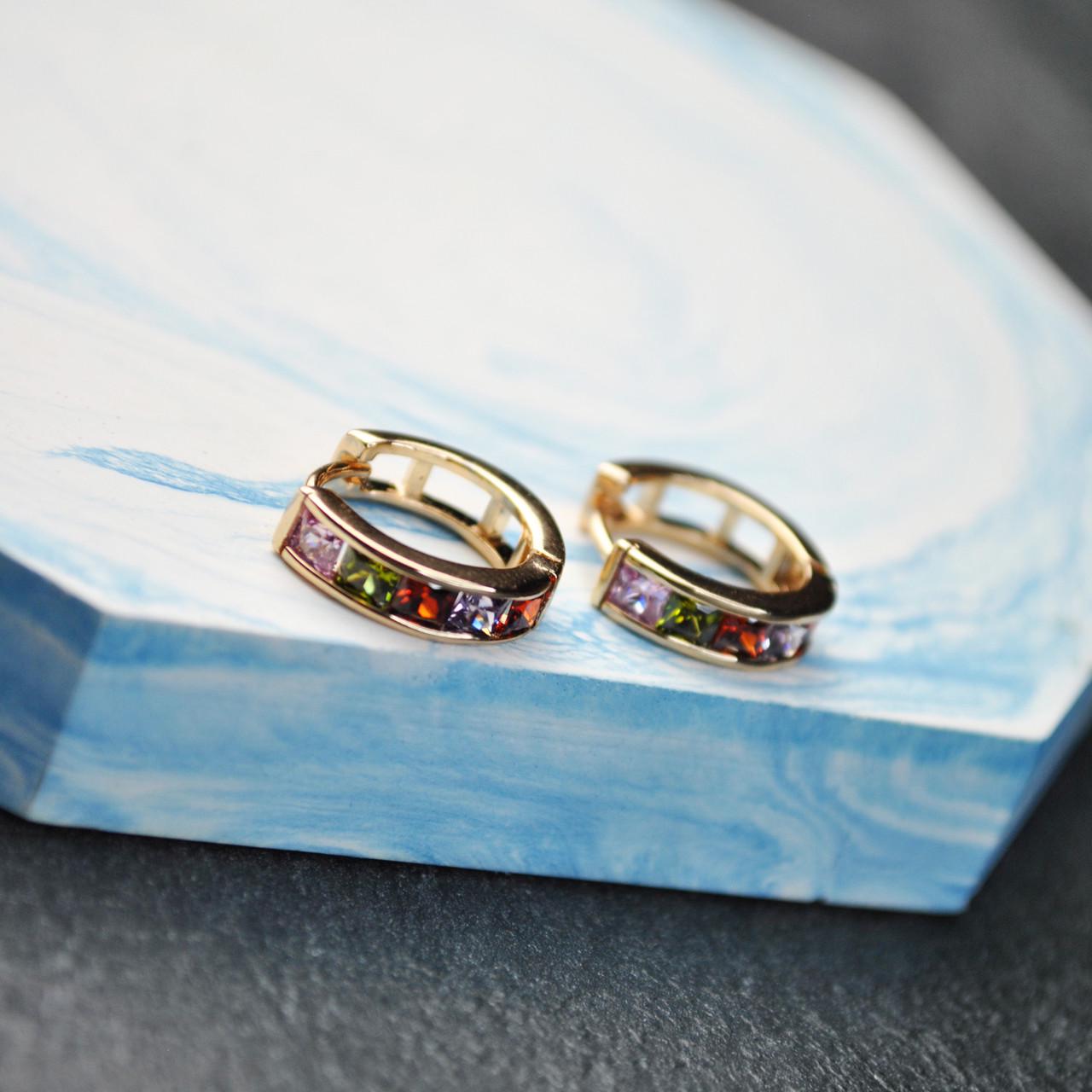 Серьги кольца с цветными камнями медицинская сталь позолота (x127-1)