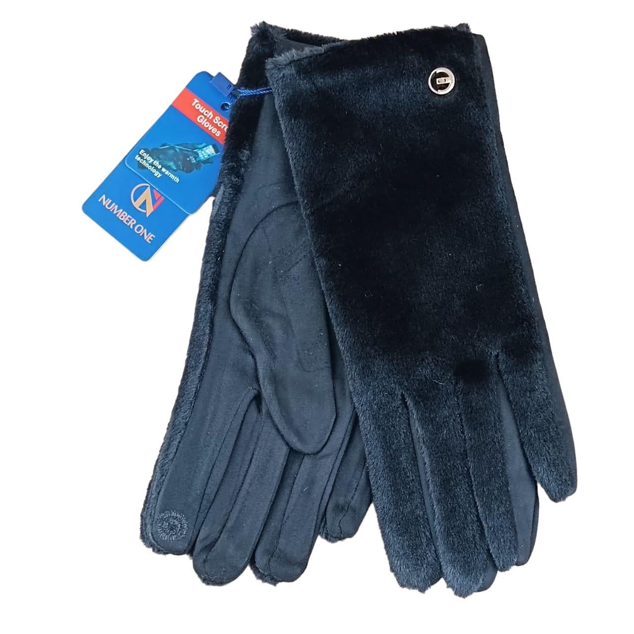 Перчатки женские сенсорные мех/велюр с пуговицей S-M Черный (47171)