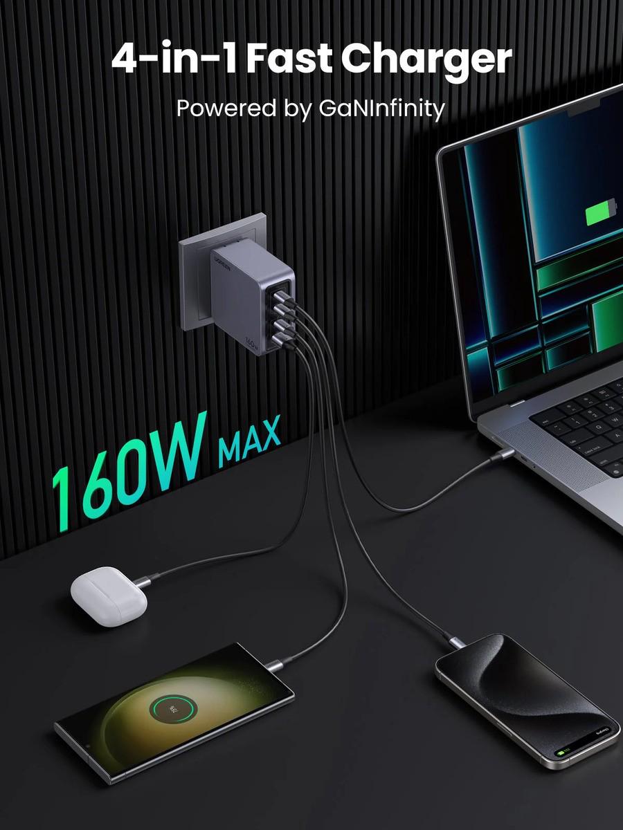 Зарядное устройство Ugreen X763 Nexode Pro GaN Fast Charger 160W PD 3.1 Type-C Grey (25095) - фото 6 Зарядное устройство Ugreen X763 Nexode Pro GaN Fast Charger 160W PD 3.1 Type-C Grey (25095) - фото 6