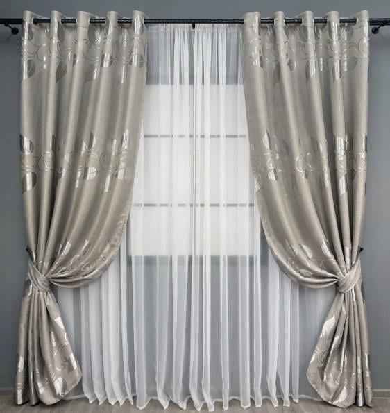 Комплект штор в гостиную Листья на люверсах лен 1,5х2,5 м 2 шт. Светло-серый (1688ш)