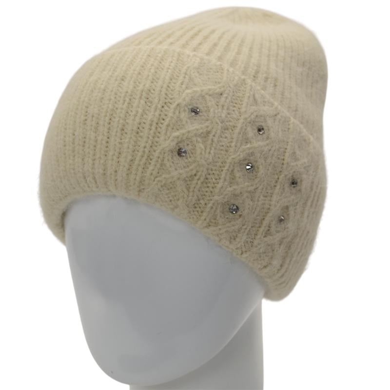 Шапка жіноча ангорова з відворотом утеплена флісом Lirus Крокус з візерунком прикрашена стразами Лляний - фото 1