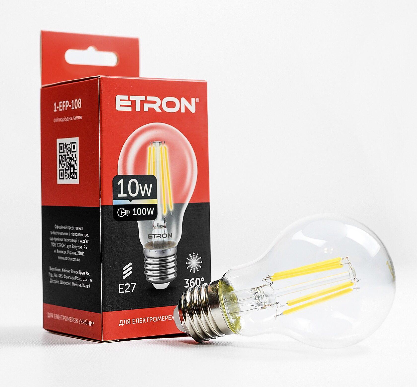 Светодиодная филаментная лампа ETRON Filament A60 10W E27 4200K Прозрачный (13703)