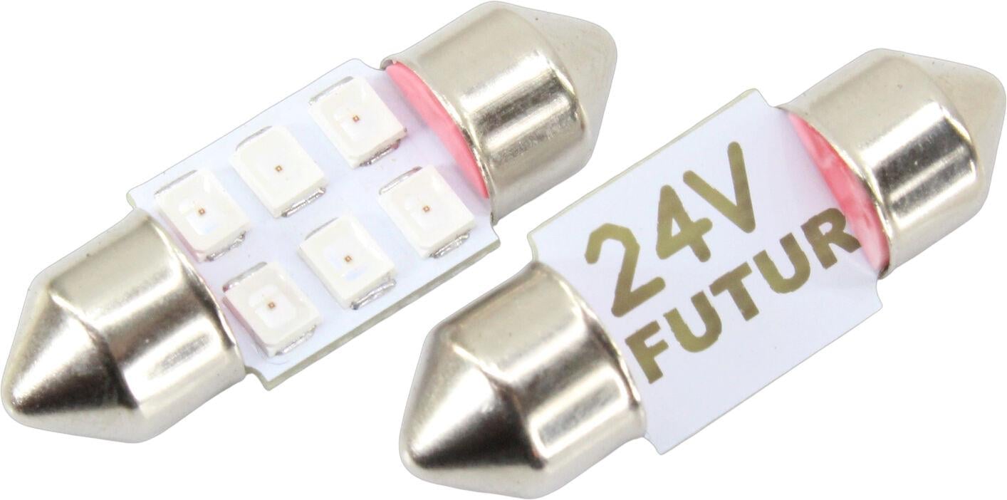 Лампочка 2-охцокольная Futura LED T11 C8W SMD 6-диодов 24V-0,7Вт SV8.5-8 28 мм 2 шт. Красный (80224) Лампочка 2-охцокольная Futura LED T11 C8W SMD 6-диодов 24V-0,7Вт SV8.5-8 28 мм 2 шт. Красный (80224)