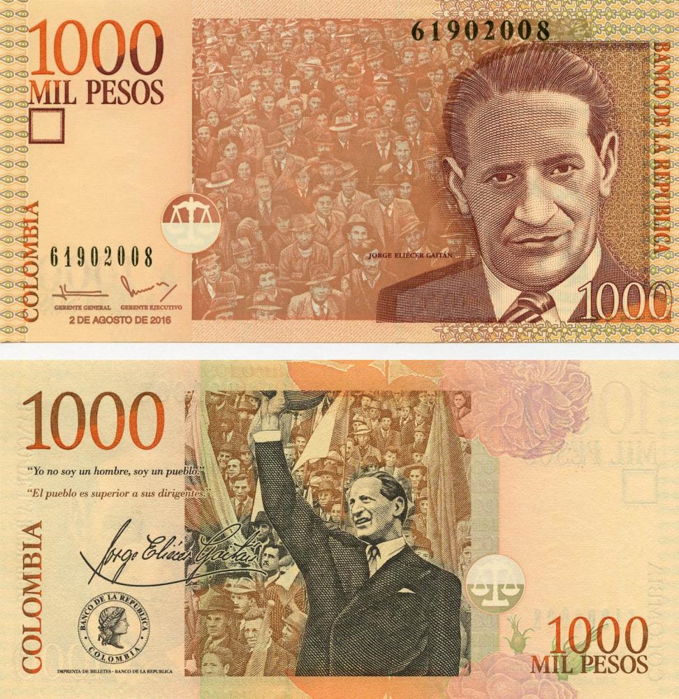 Коллекционная банкнота Колумбия 1000 песо 2016 UNC P456 (Б11225)