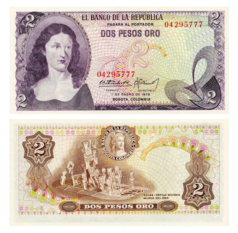 Коллекционная банкнота Колумбия 2 песо оро 1972 года UNC P413a (Б16974)