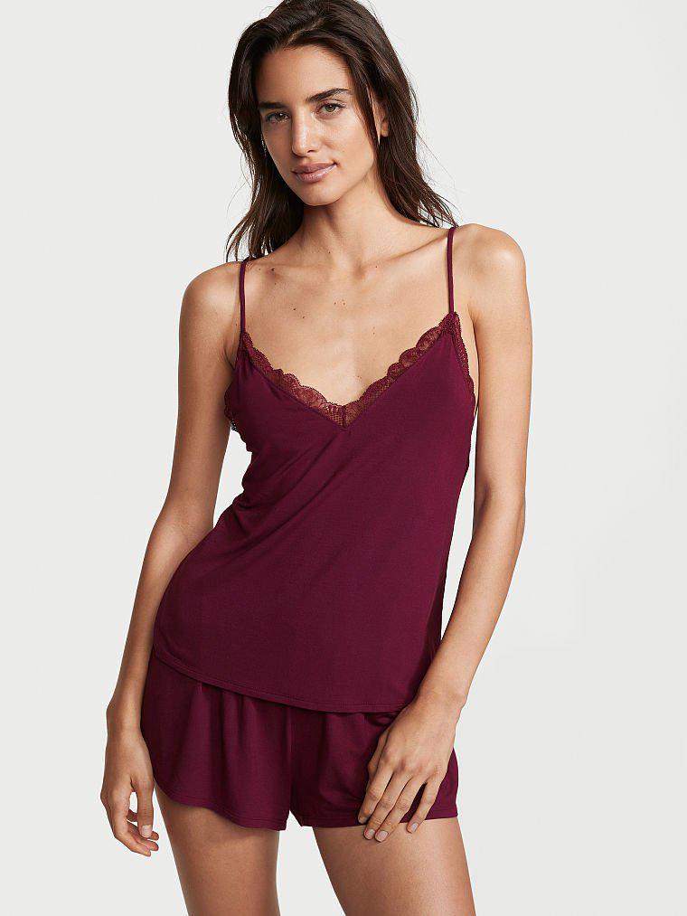Комплект для сну Victoria's Secret Stretch Modal Cami Set модал та мереживо ХS Бордовий (17648299)