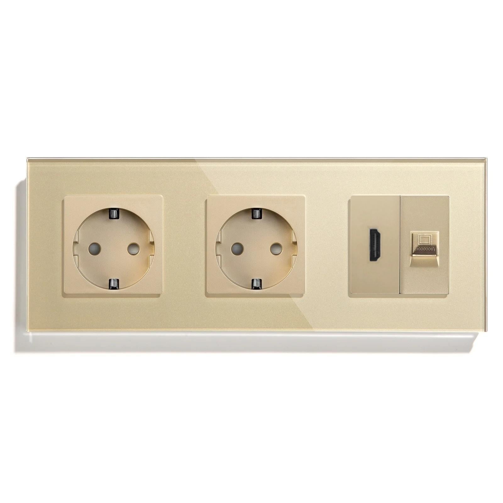 Розетка настенная LUXION с HDMI/интернет RJ-45 стеклянная рамка Золотой (LX-M3FHDMICAT6-GD)