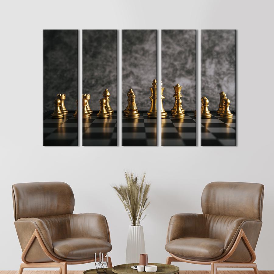 Модульная картина из 5 частей на холсте Золотые шахматы на шахматной доске 132x80 см (540-51)