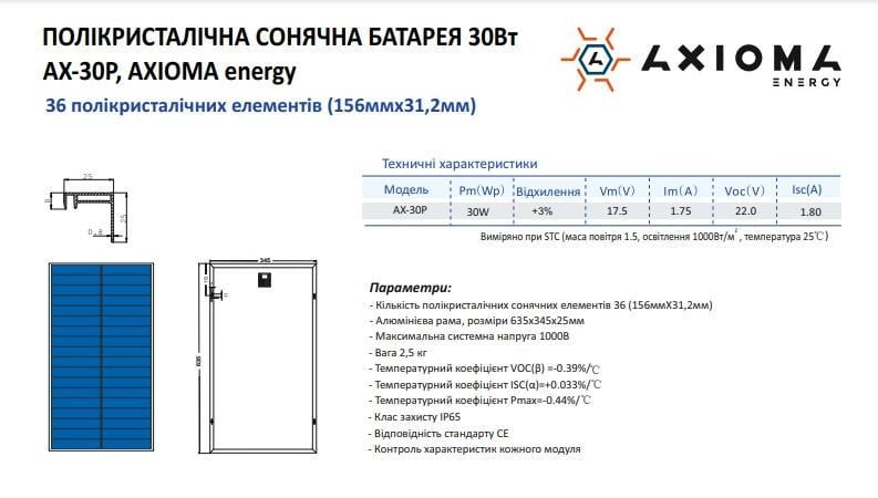 Сонячна батарея полікристалічна Axioma Energy AX-30P 30 Вт (736530885-1) - фото 5