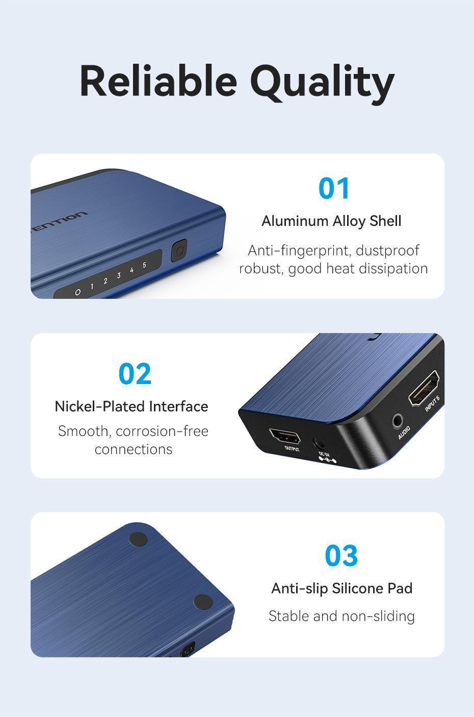 Комутатор HDMI Vention 5x1 з виведенням звуку Toslink 3,5 мм 4K 60Hz HDR HDMI 2.0 алюмінієвий з пультом ДК Синій (AKDL0) - фото 16 Комутатор HDMI Vention 5x1 з виведенням звуку Toslink 3,5 мм 4K 60Hz HDR HDMI 2.0 алюмінієвий з пультом ДК Синій (AKDL0) - фото 16